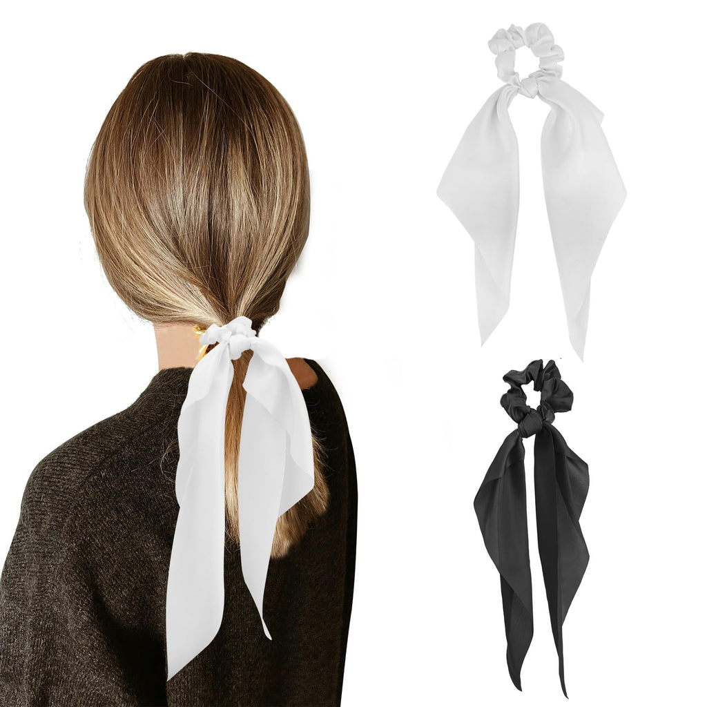 Silk Knot™ Satin Bow Scrunchies — No-Crease Hair Ties (Set of 2, Black + White)