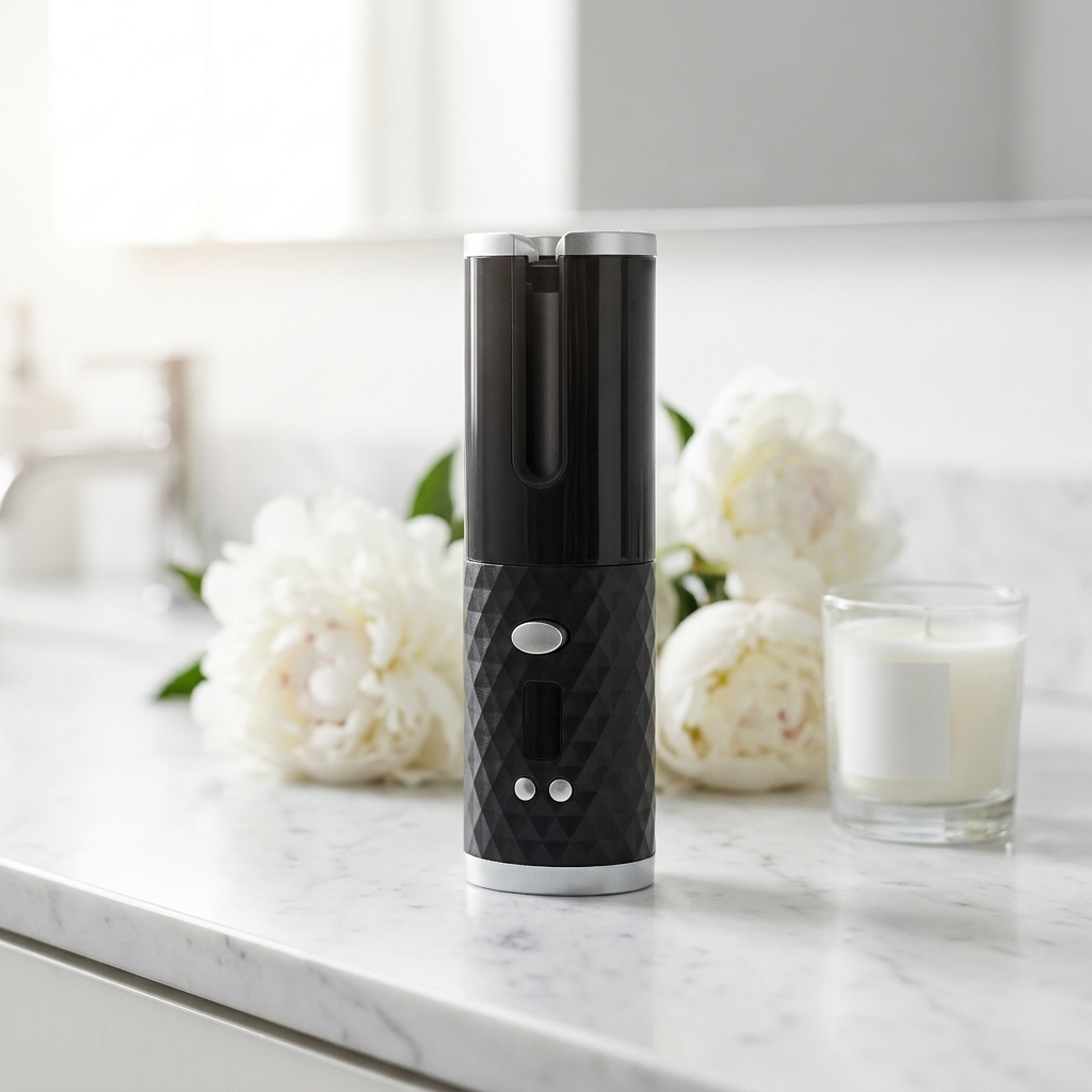 CordlessCurl wireless curling wand on white marble vanity with peonies