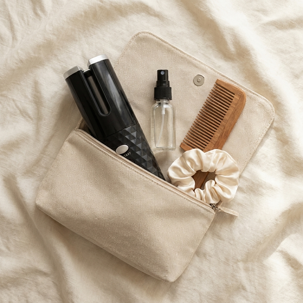 CordlessCurl in travel toiletry pouch with hair accessories