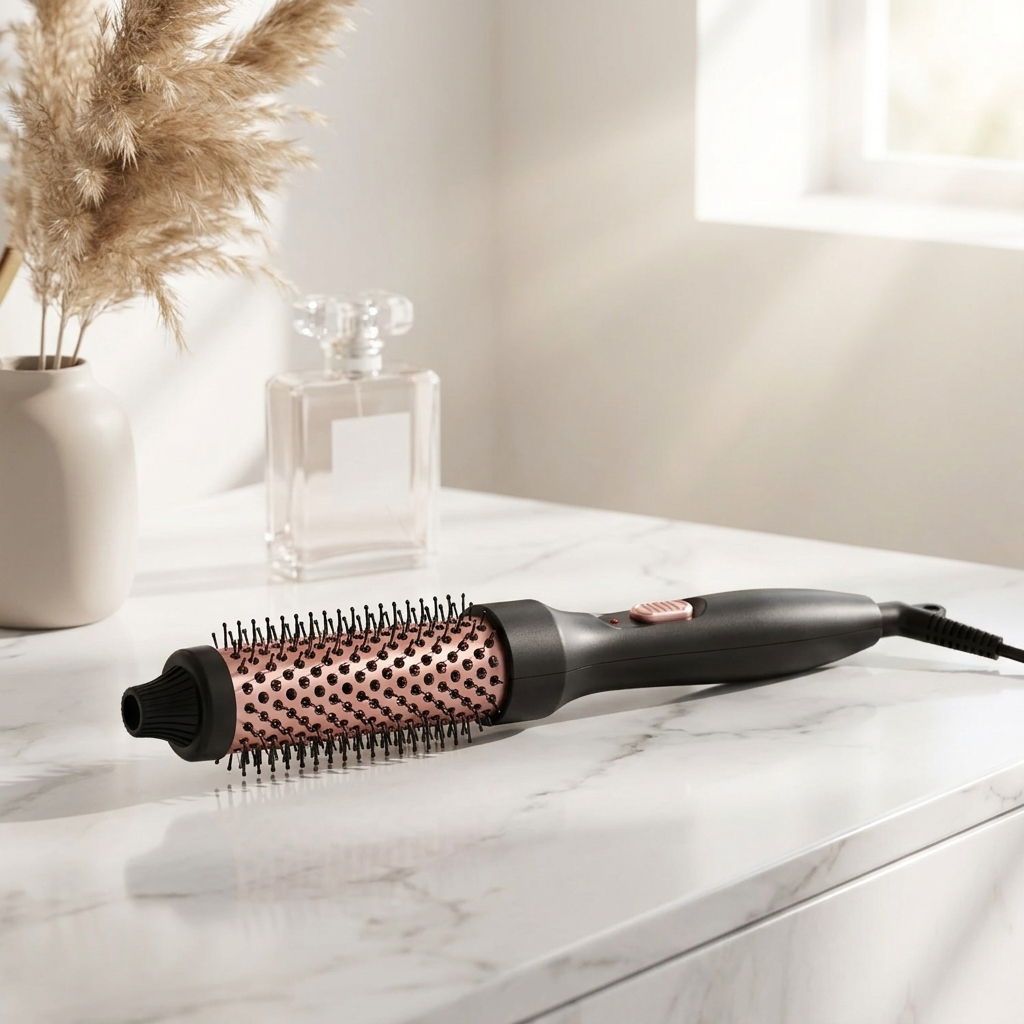 WaveDuo 2-in-1 hair styling iron on white marble vanity with pampas grass
