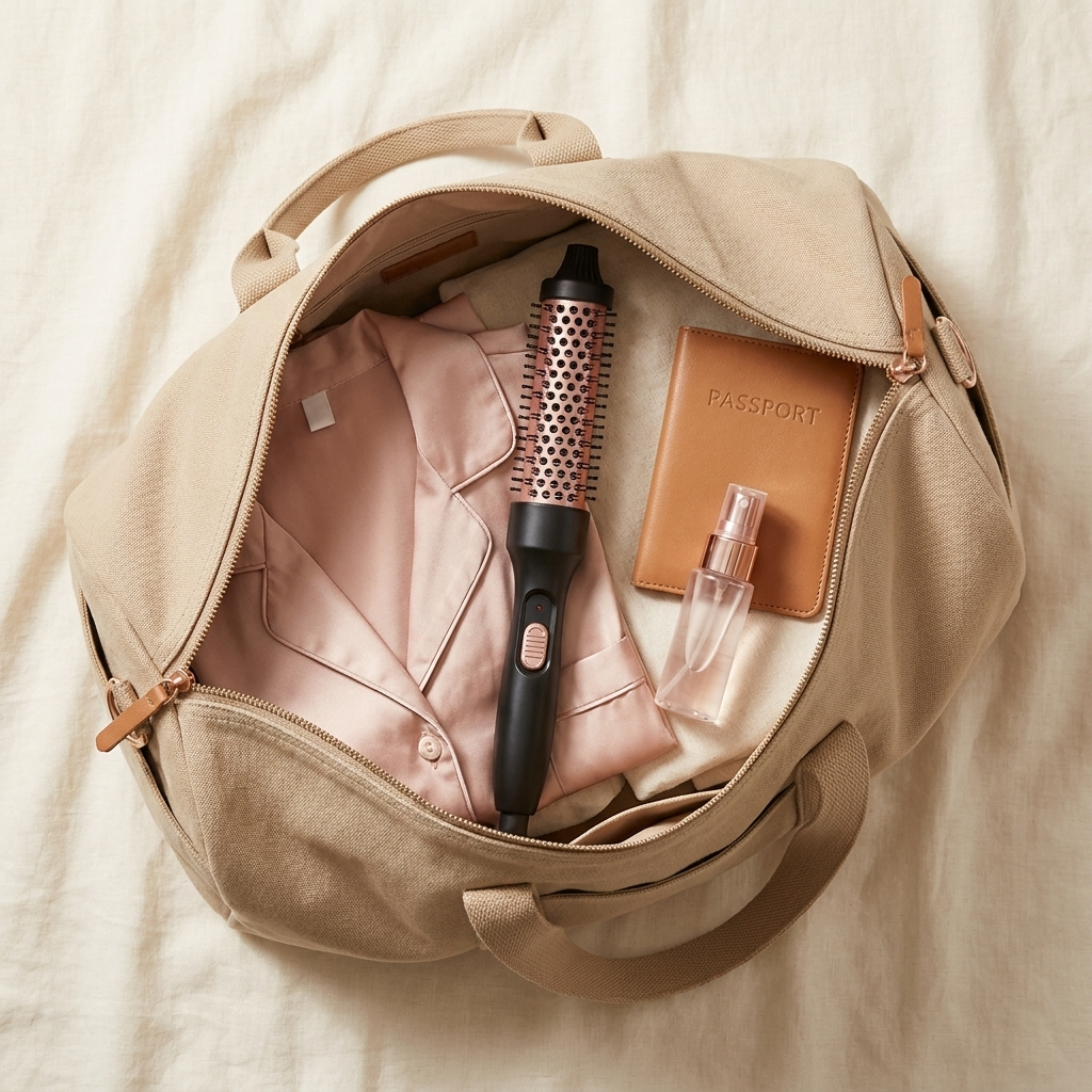WaveDuo styling iron flat-lay packed in canvas weekend duffle travel bag