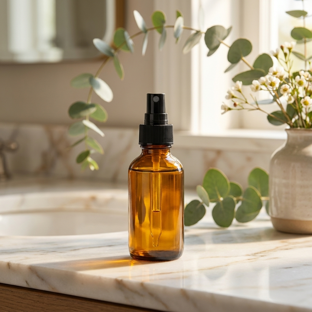 Batana Glow hair growth serum bottle on white marble vanity with eucalyptus and morning light