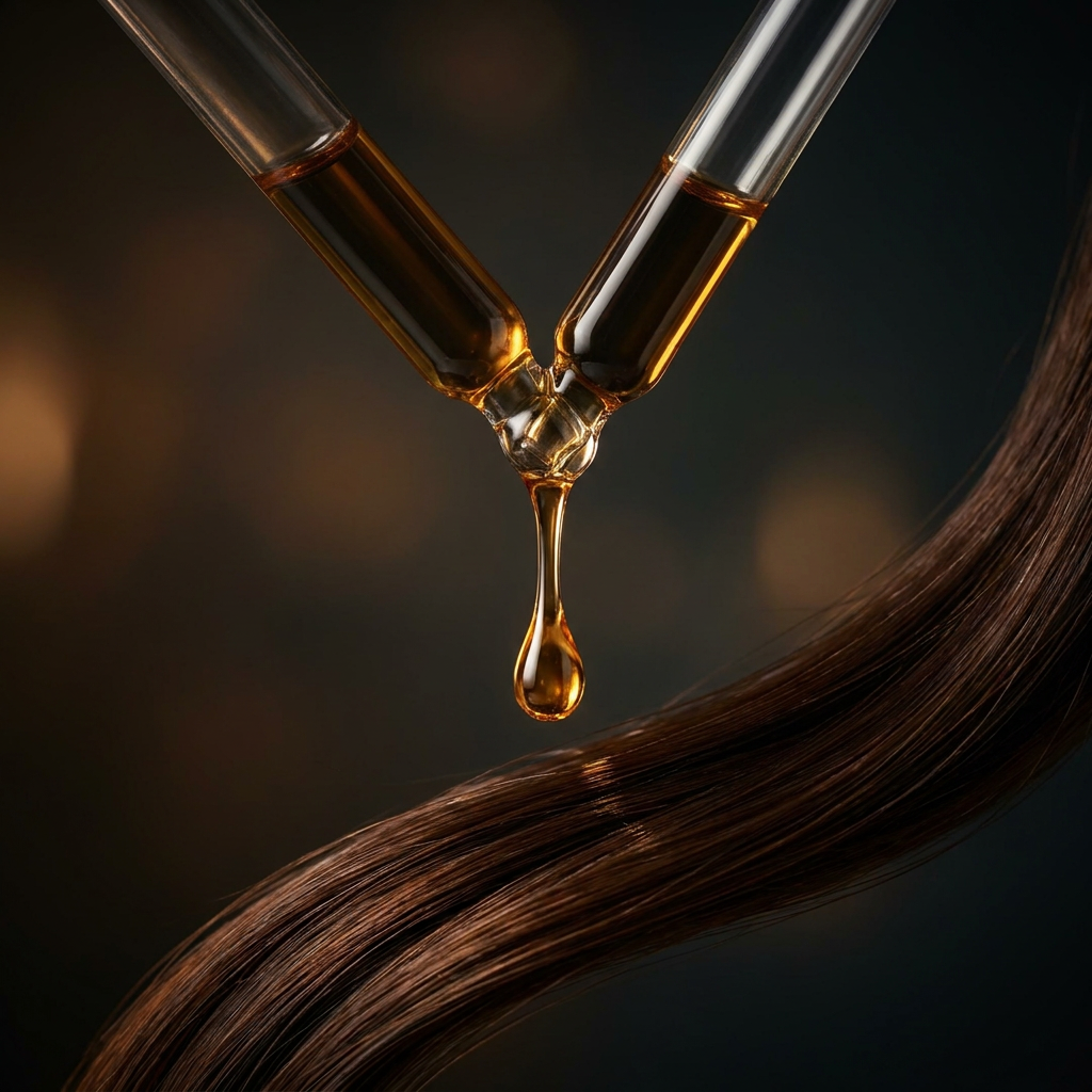 Macro shot of Batana Glow serum dropper releasing a golden drop onto dark brown hair