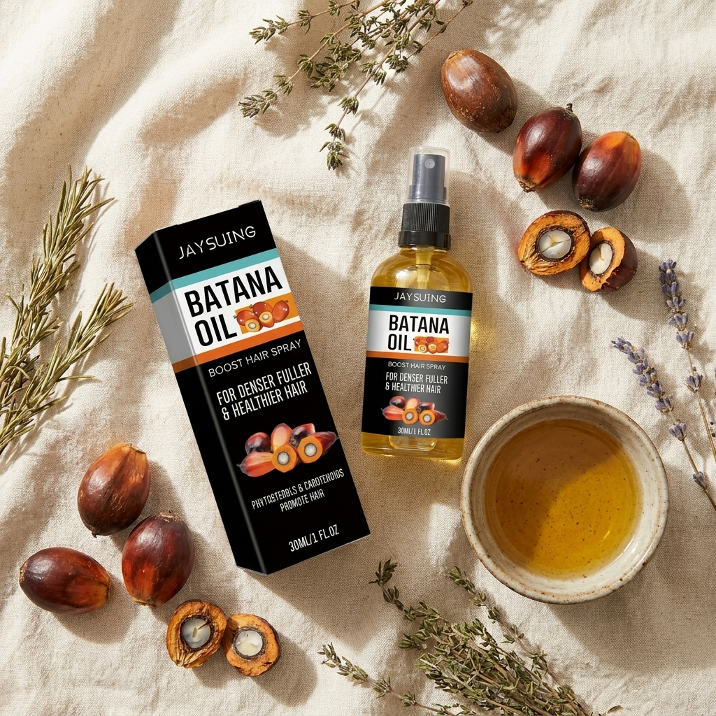Editorial flat-lay of Batana Glow serum bottle with raw batana nuts and dried herbs on linen