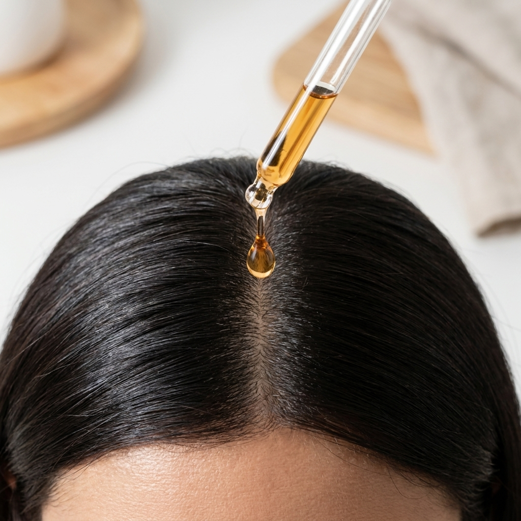 Top-down view of Re:Root dropper releasing a golden drop onto a clean scalp parting in dark hair