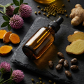 Re:Root botanical scalp oil amber dropper bottle with red clover turmeric ginger castor and mung bean ingredients on dark slate