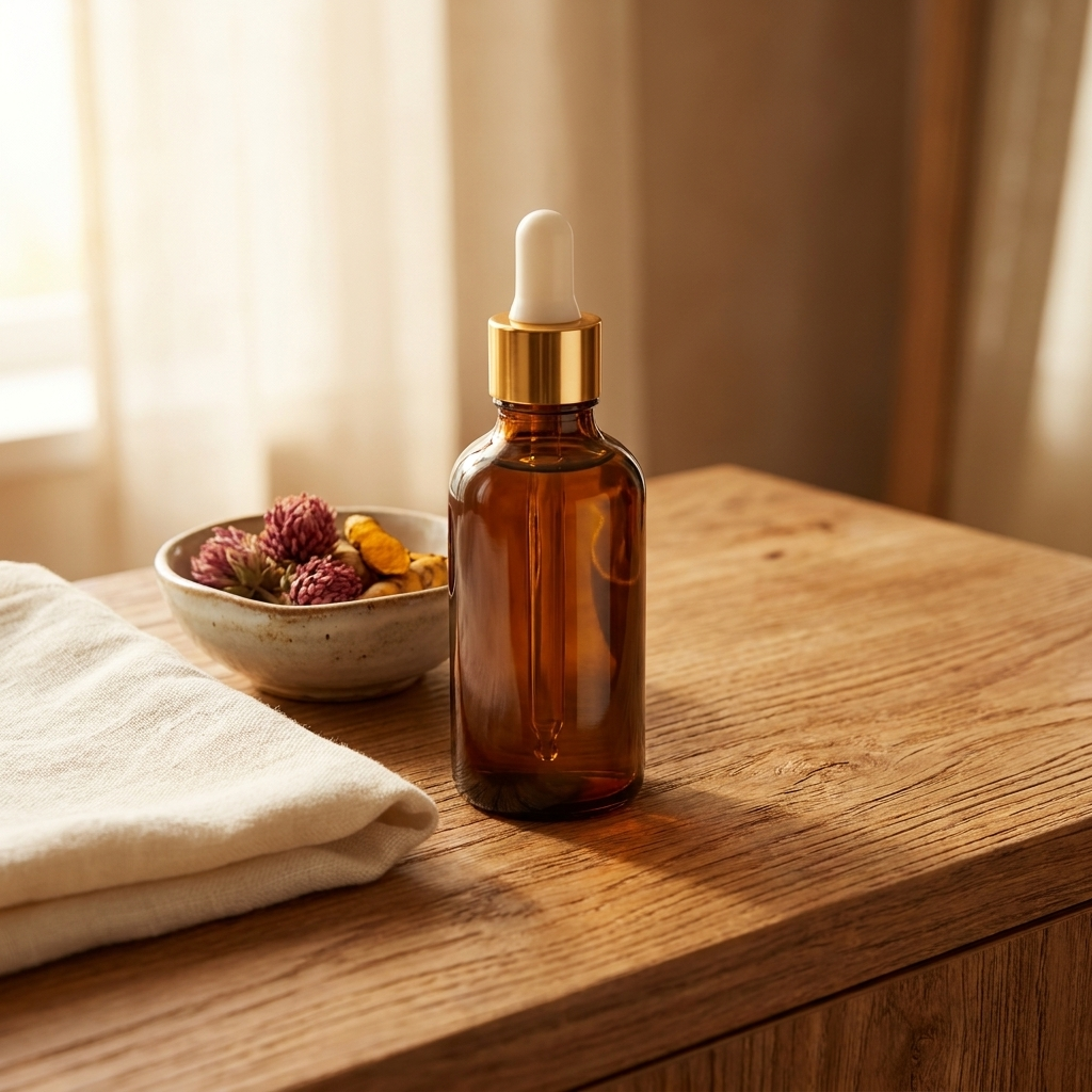 Re:Root botanical scalp oil bottle on warm wood vanity with linen towel and bowl of dried herbs