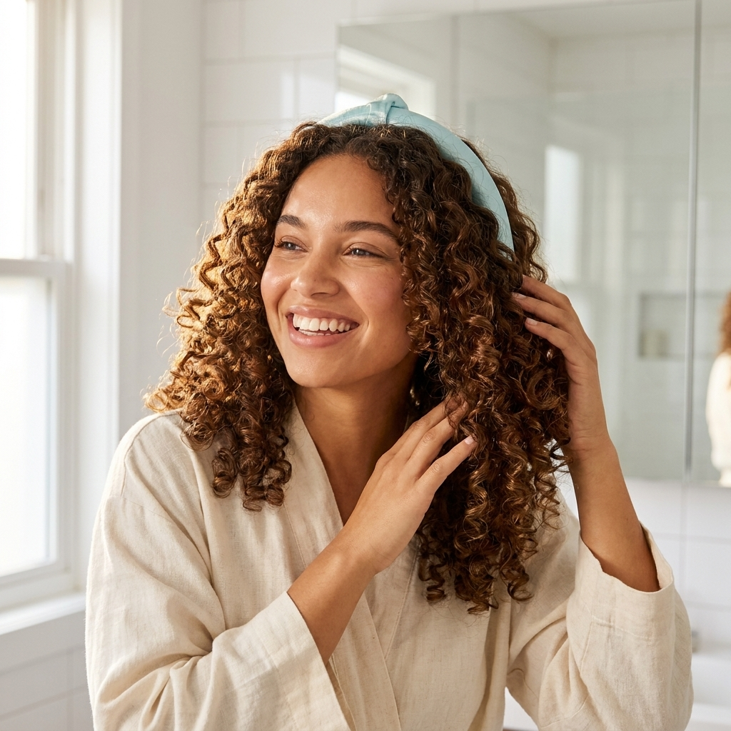 Woman in linen robe with long bouncy spiral curls smiling in bright bathroom morning light after using CurlBloom