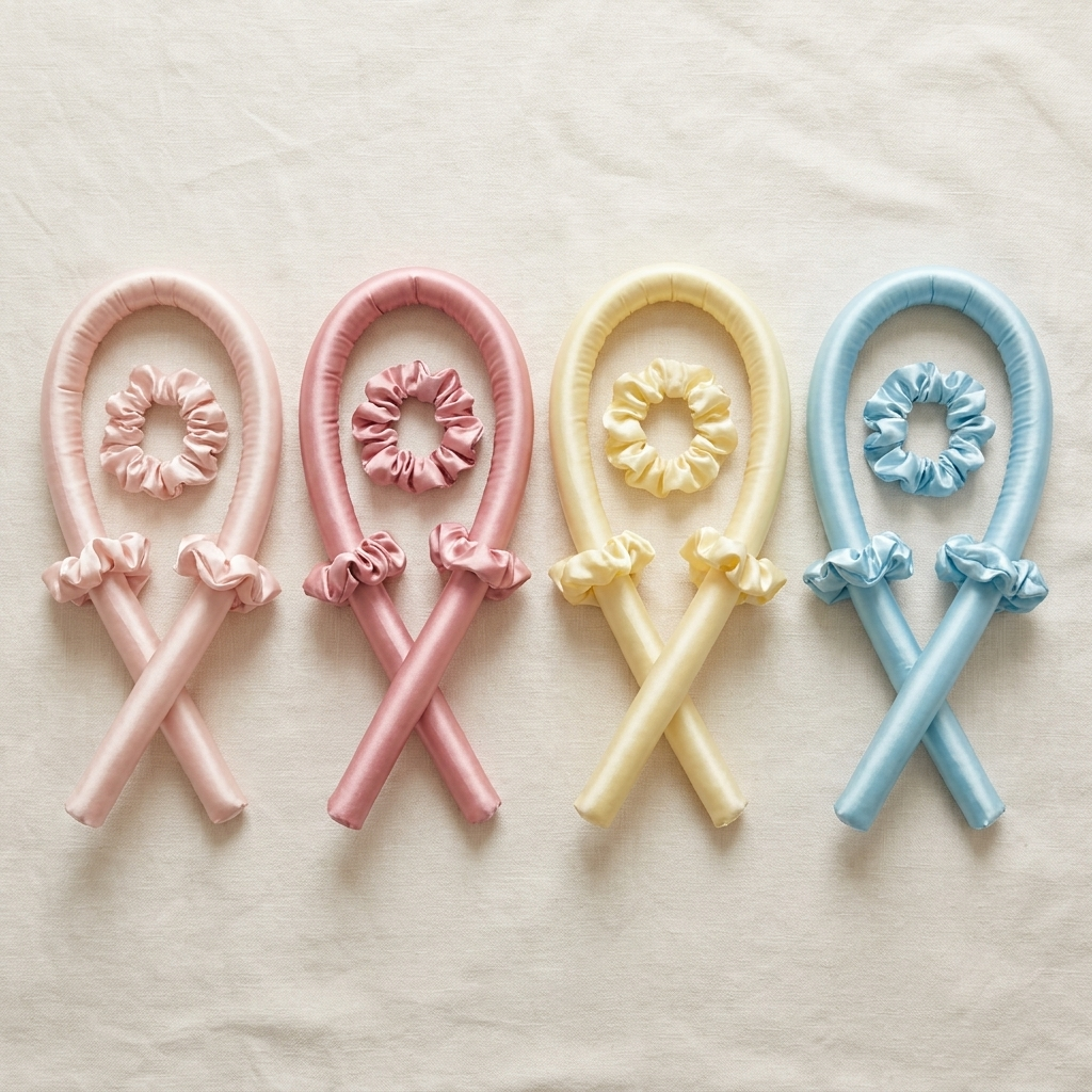 CurlBloom heatless curling wand headband color variants on linen showing Blush Pink Rose Pink Yellow and Blue with matching scrunchies