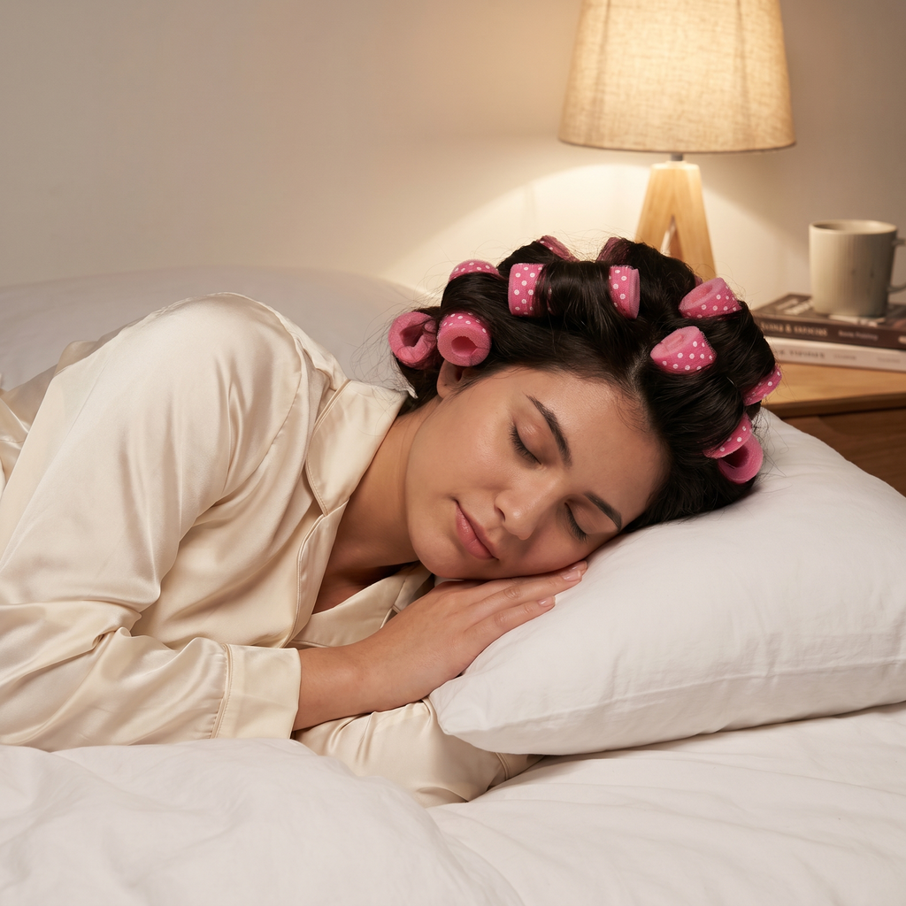 Woman in cream silk pajamas sleeping in bed wearing pink polka dot sponge curlers in her hair with warm bedside lamp light
