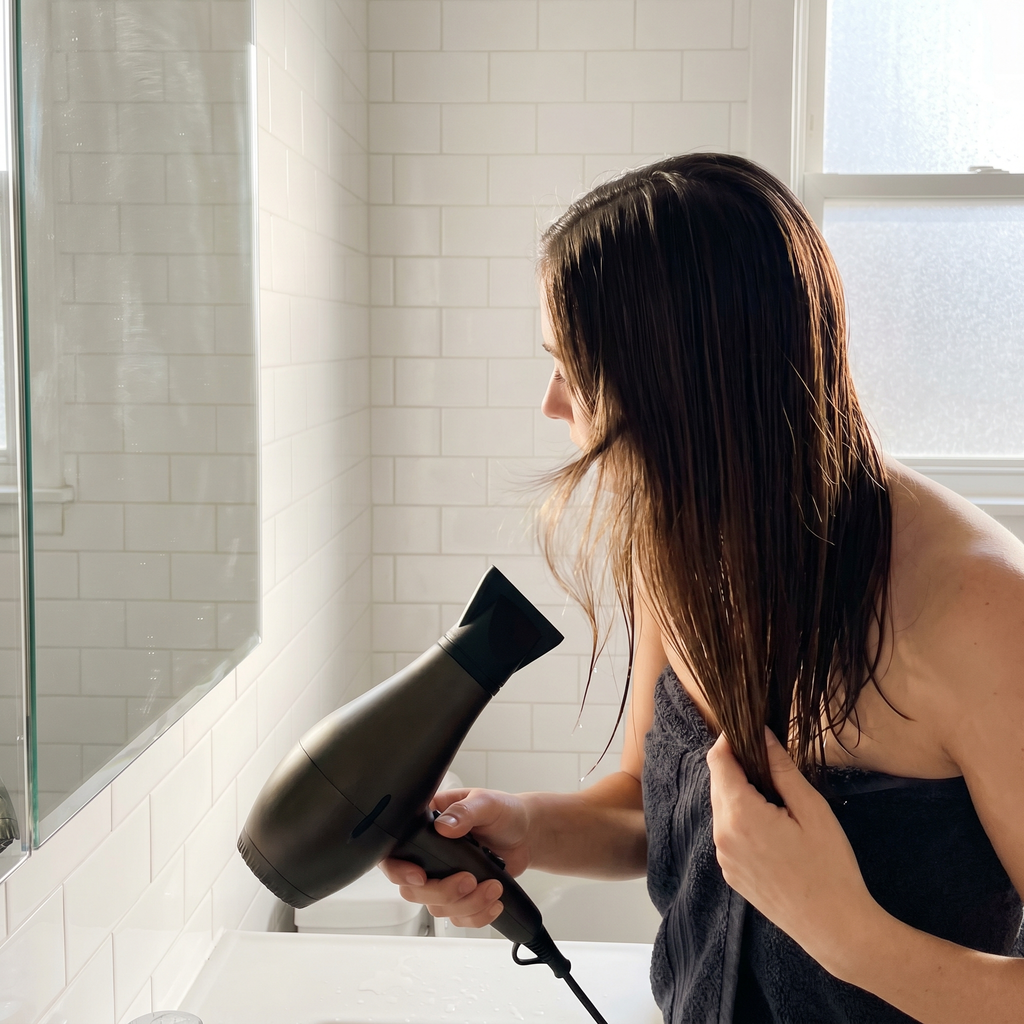 Woman in bright bathroom using a hair dryer with anti-frizz nozzle concentrator attached to blow dry long brown hair