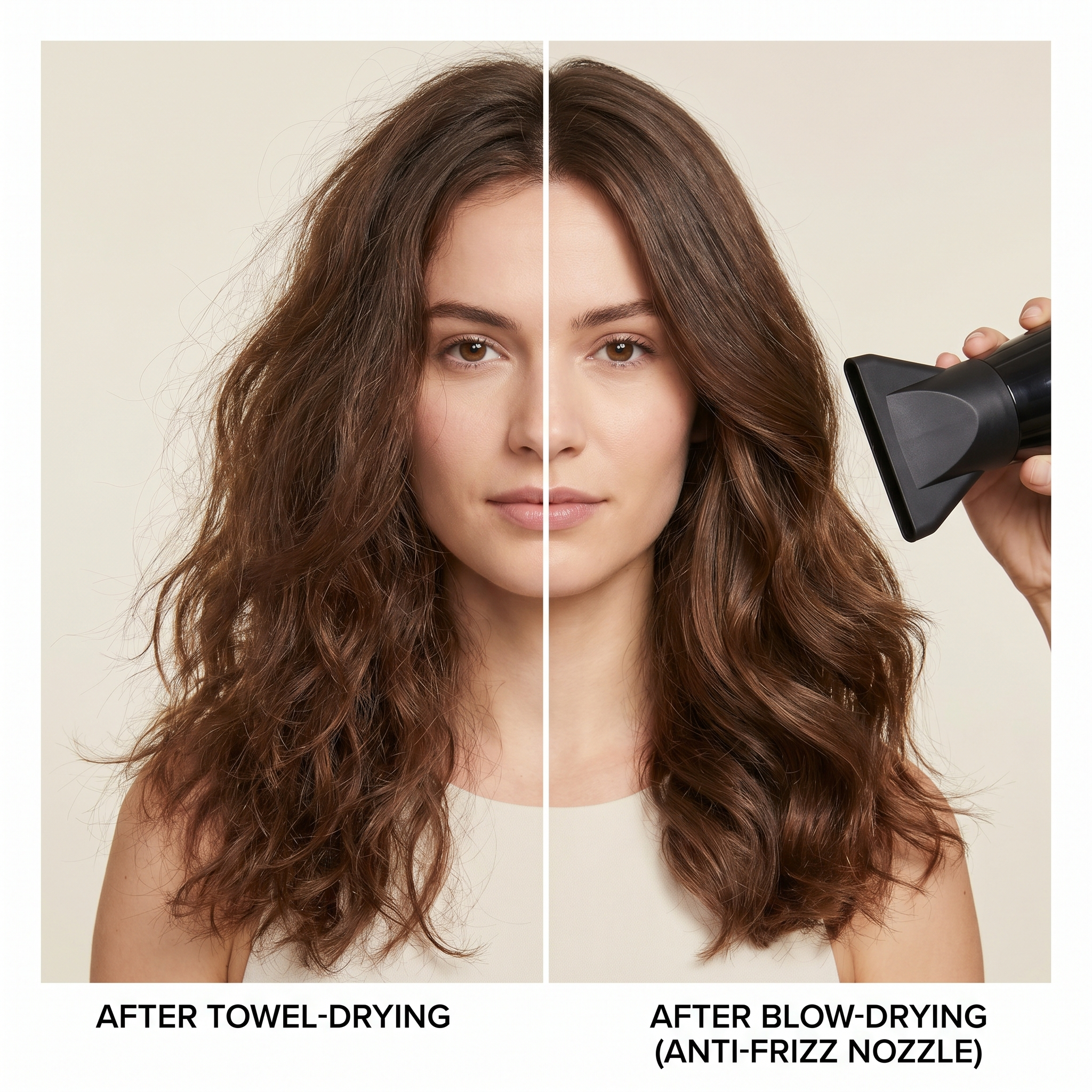 Before and after comparison showing frizzy hair after towel drying versus smoother less frizzy hair after blow drying with anti-frizz nozzle concentrator